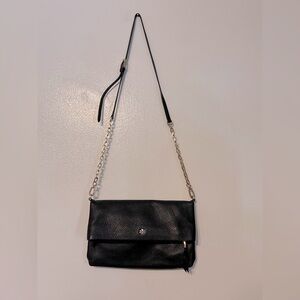 Tory Burch Fold Over Crossbody Bag Pebbled Leather Black Gold